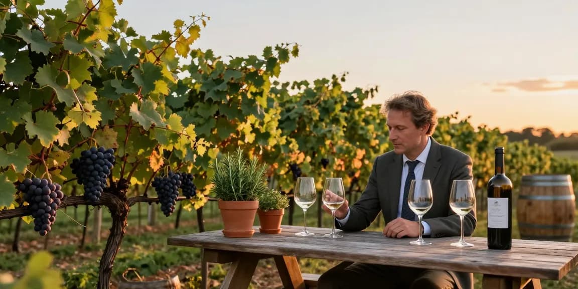 Chatoo sommelier evaluating fine wine in a charming vineyard setting