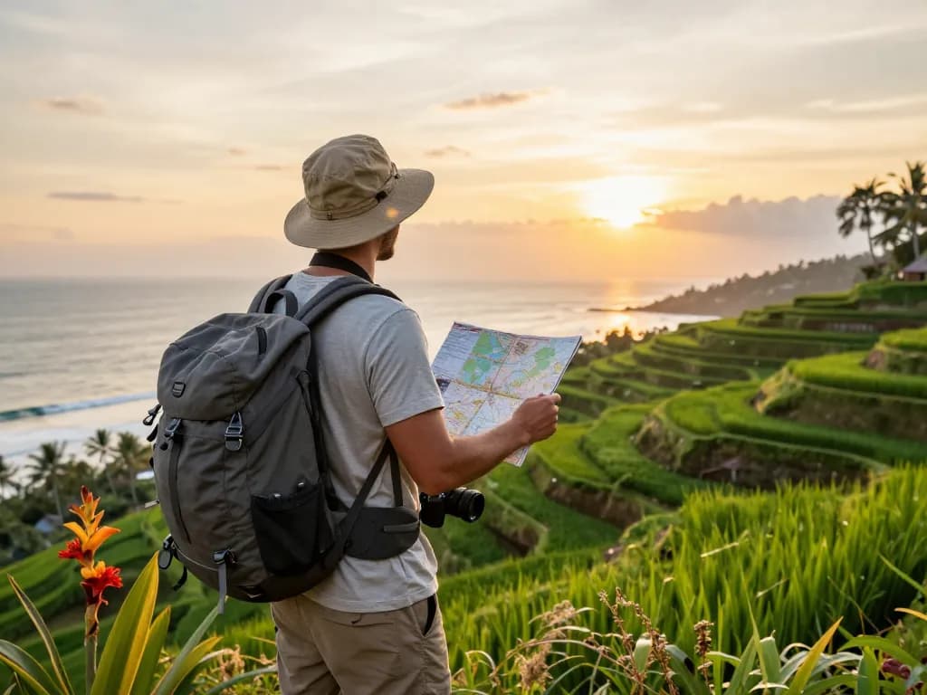Explore the best Bali tour packages with breathtaking views of rice terraces and ocean at sunset.