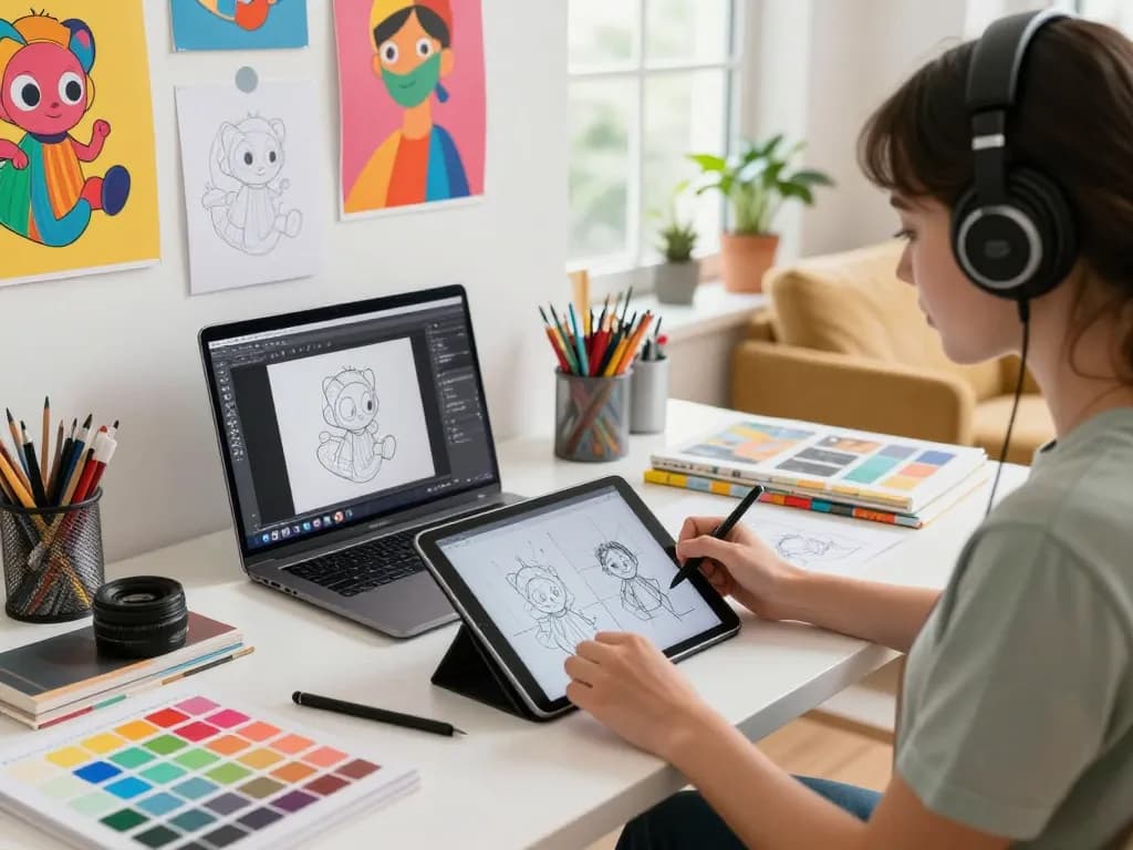 Artist using Image to 3D software to create stunning 3D models in a vibrant design studio.