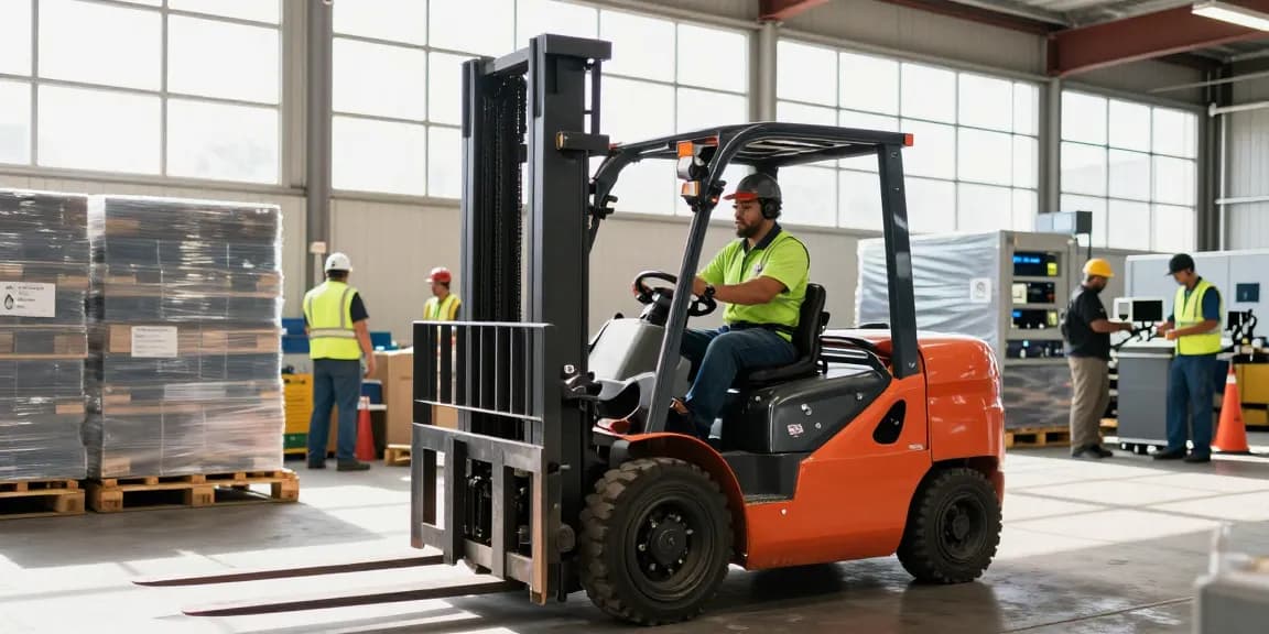 Operator using the best forklift in Dallas to efficiently lift pallets in a busy warehouse environment.
