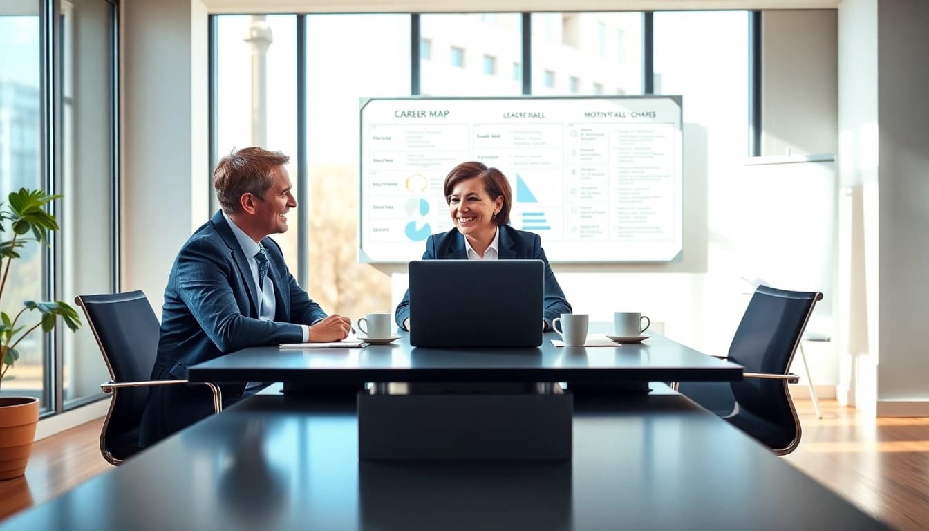 Engaging career coaching session between a coach and client in a bright, modern office setting.