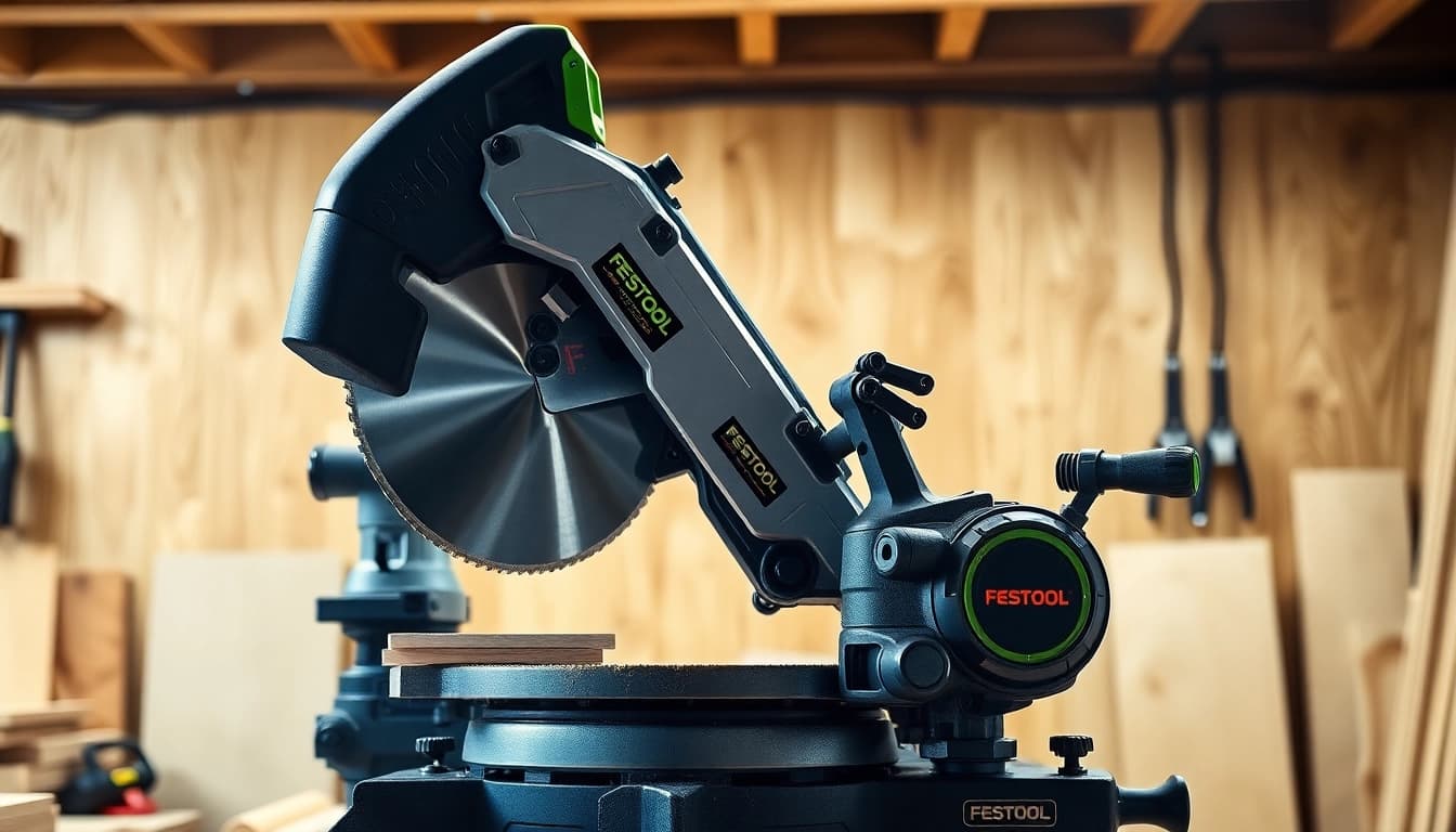 Cutting wood with precision using Festool compound miter saw.