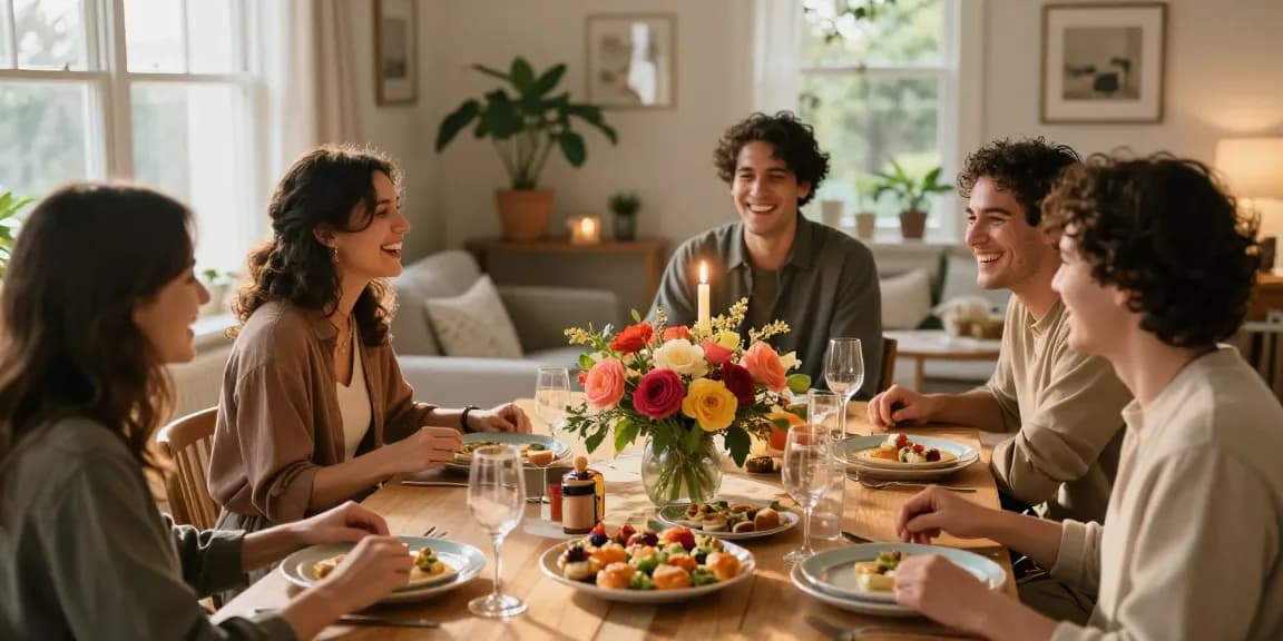 Entertaining blogs inspire home gatherings with friends around a beautifully set dinner table.