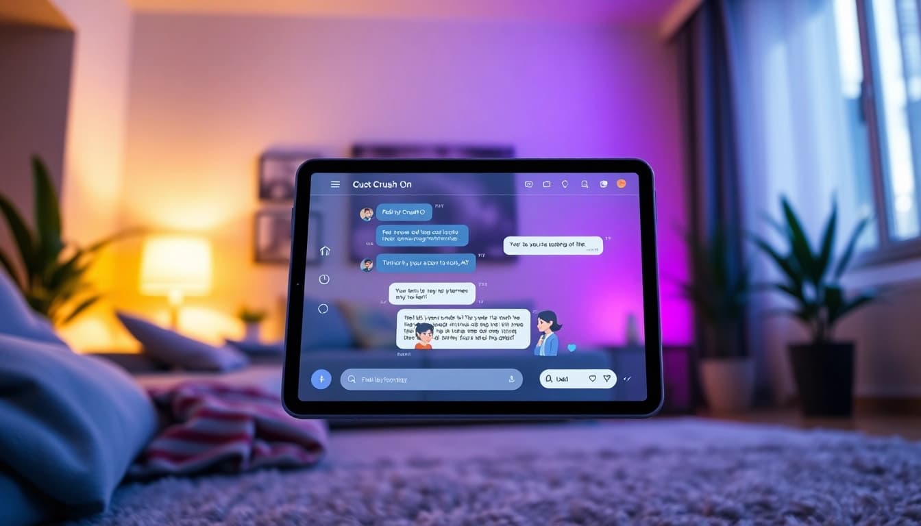 Engaging chat interface showcasing Crush On AI in a modern setting with animated characters.