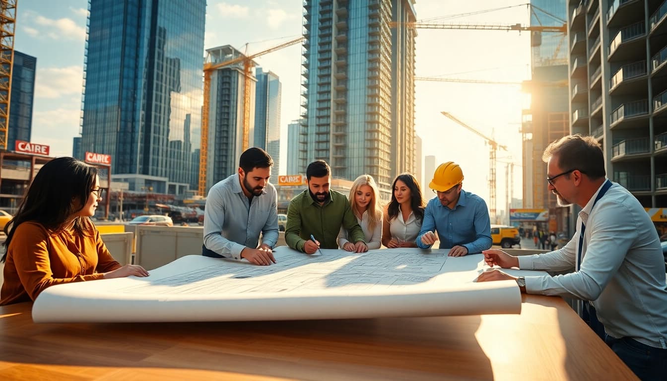 Leaders engaged in construction leadership programs, focusing on architectural plans with skyscrapers in the background.
