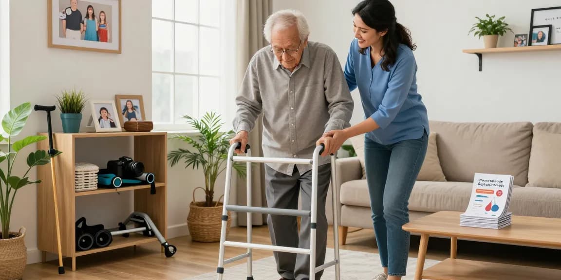 Buy nobility aids in a warm living room scene where a caregiver supports an elderly person using a walker.