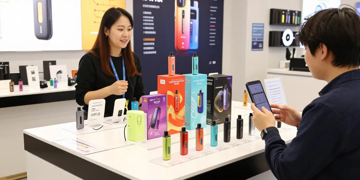 Engaging display of vapes in Korea featuring popular disposable products and a Bitcoin payment sign.