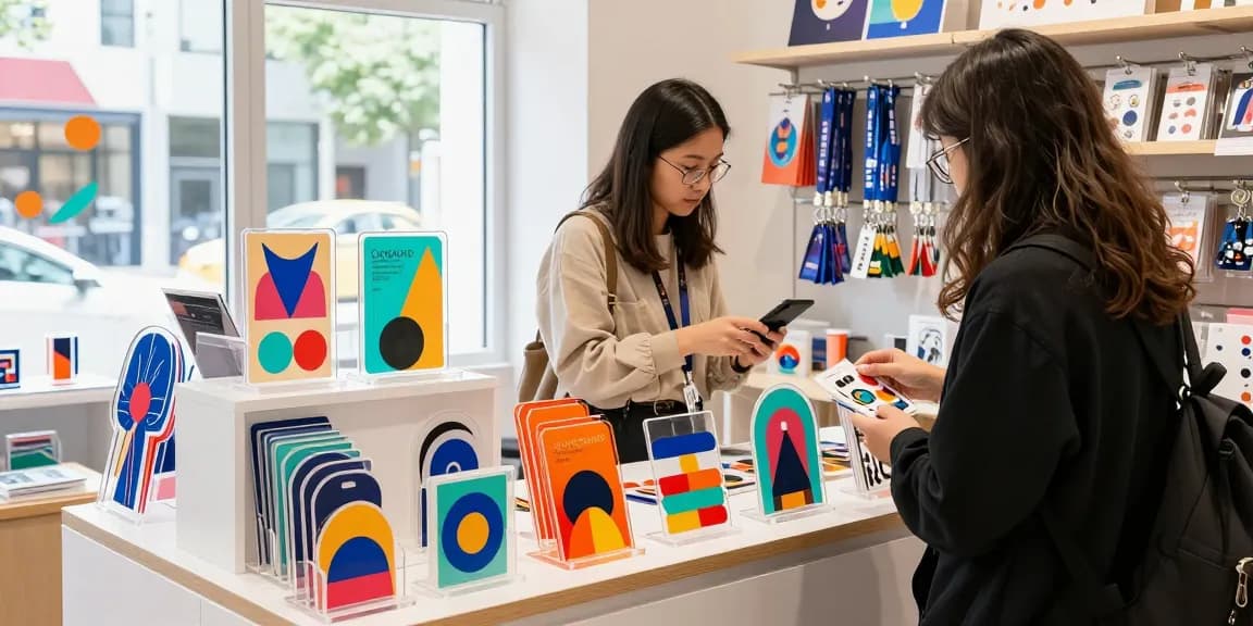 Custom acrylic stand display featuring vibrant designs and engaging retail atmosphere.