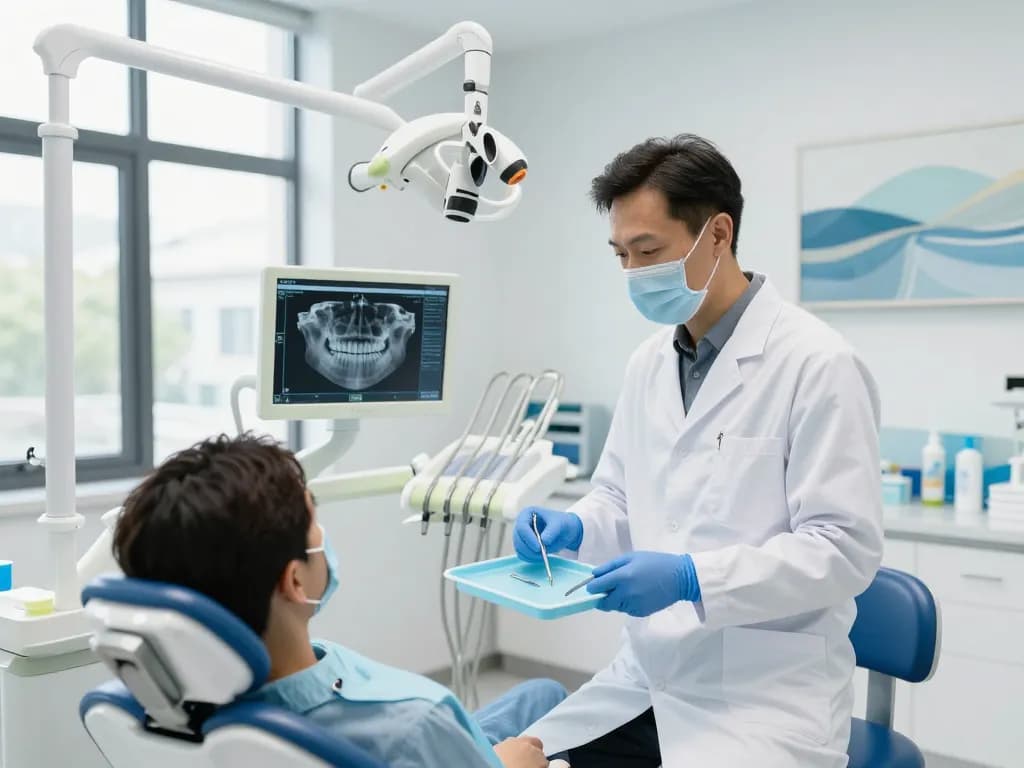 Dentist examining high-tech dental equipment in a modern clinic