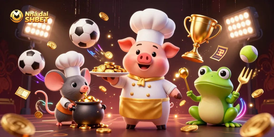 Engage with Nhà cái SHBET, where a chef pig and sous-chef mouse serve golden gaming treasures surrounded by dynamic sports elements.