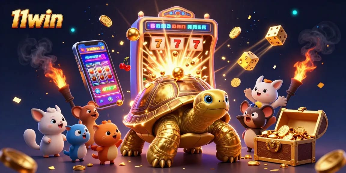 Experience the excitement of 11win with a 3D illustration of a golden tortoise pinball machine amidst colorful casino elements.
