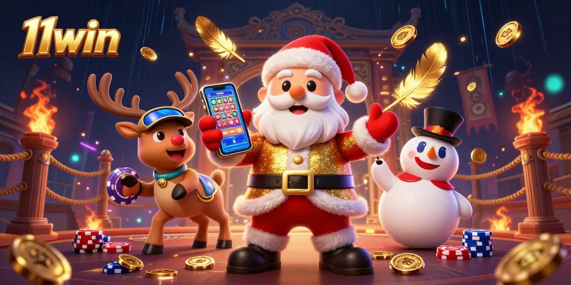 Engage with 11win's festive 3D illustration of Santa alongside casino characters for a dynamic gaming adventure.