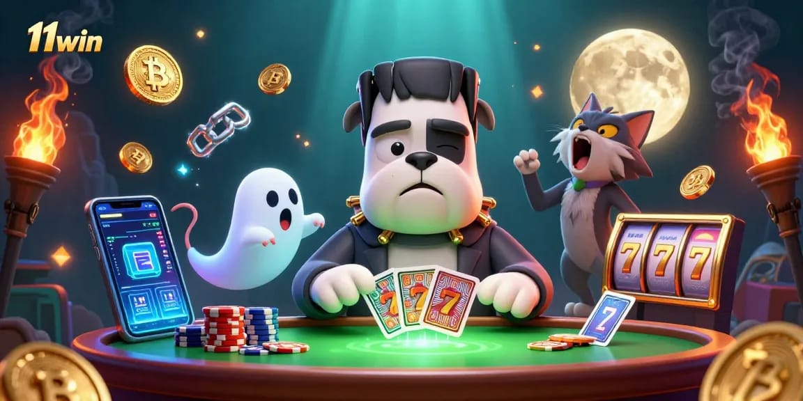 Experience the thrilling atmosphere of 11win as the bulldog dealer engages players in a spooky casino.