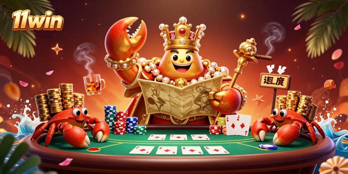 Experience the vibrant casino world with 11win's golden crab emperor and poker elements.