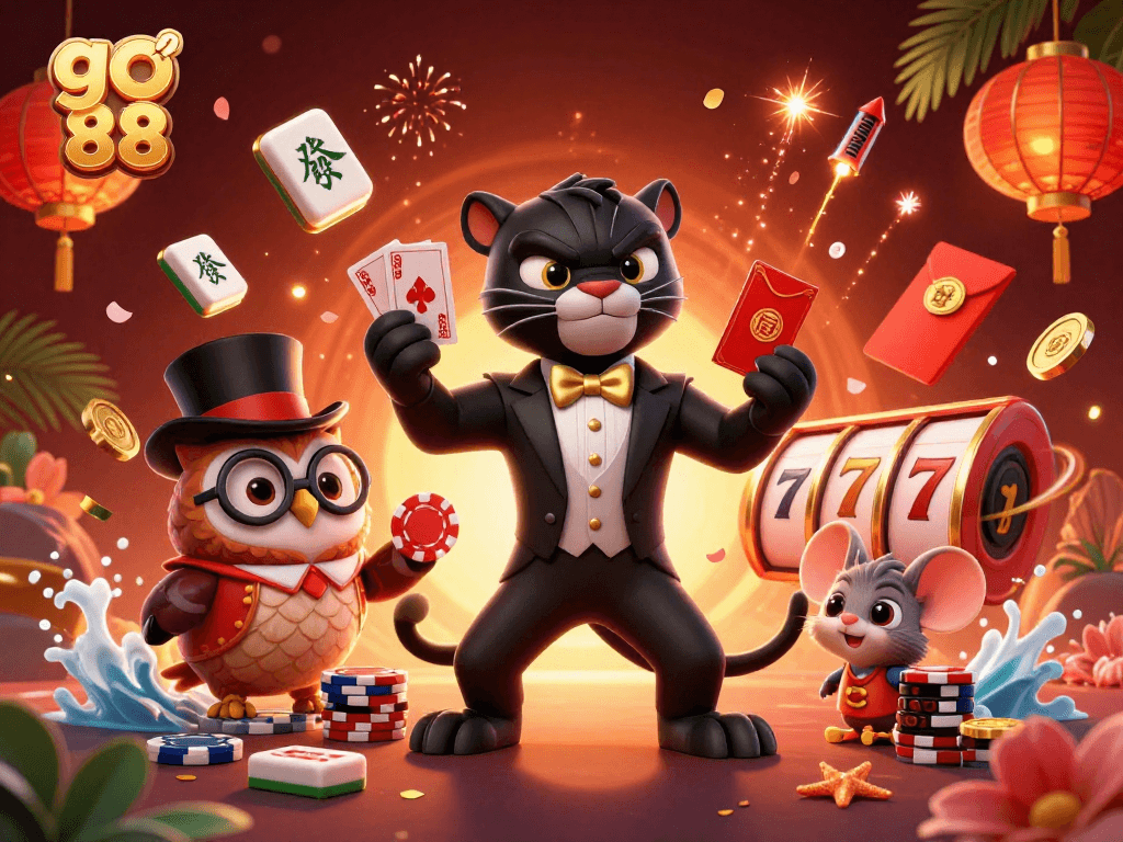 Experience thrilling gameplay with go 88, featuring a stylish panther, owl, and a lucky mouse amidst vibrant casino elements.