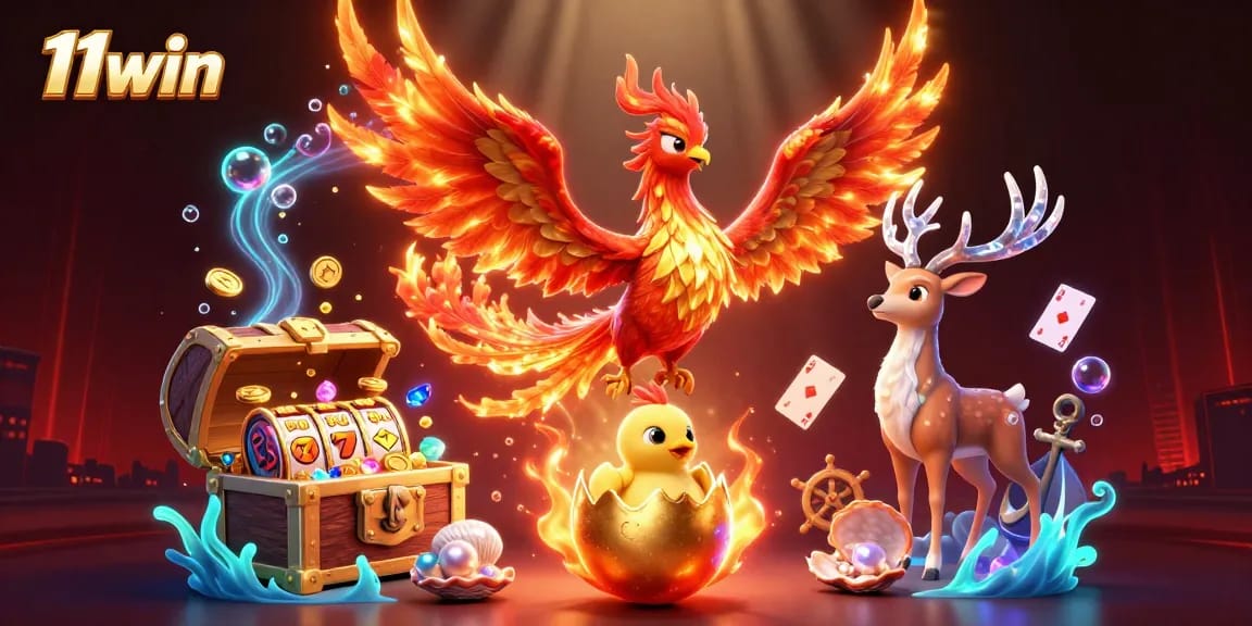 Experience the thrill with 11win, as majestic phoenixes soar around vibrant casino symbols.