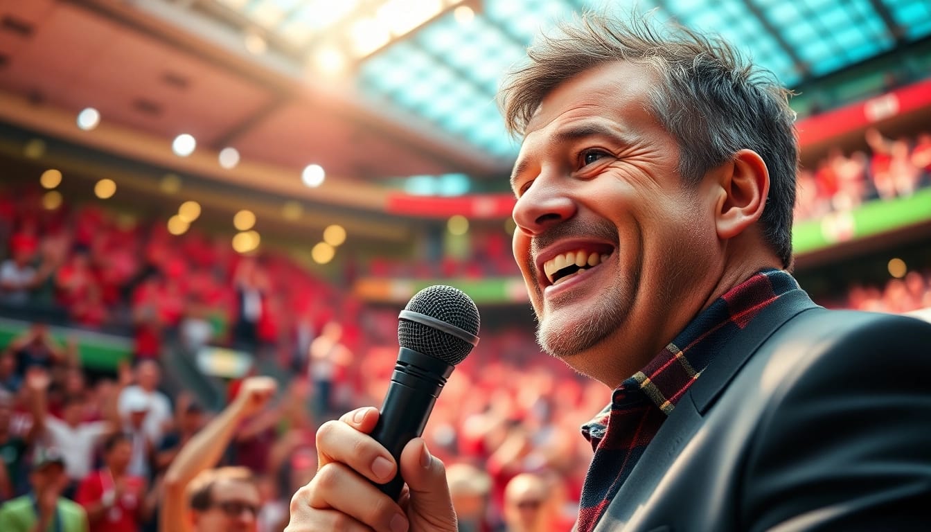 Engaging scene of Sports Broadcasting in a lively stadium, capturing broadcaster enthusiasm.