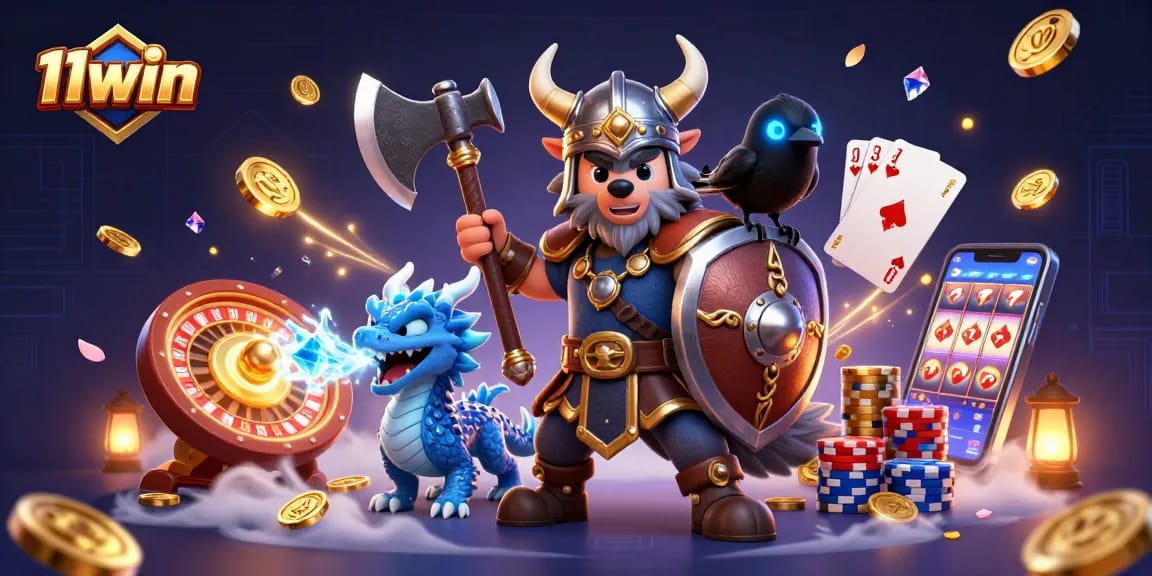 11win showcases a Viking wolf warrior near a roulette wheel and shimmering casino elements, inspiring excitement.