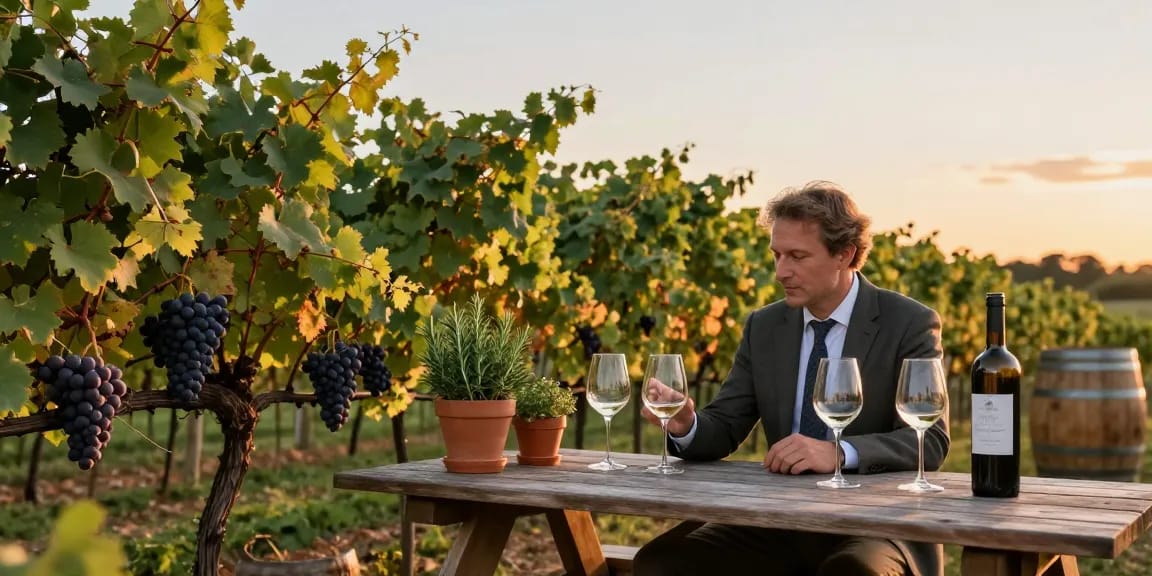 Chatoo sommelier evaluating fine wine in a charming vineyard setting