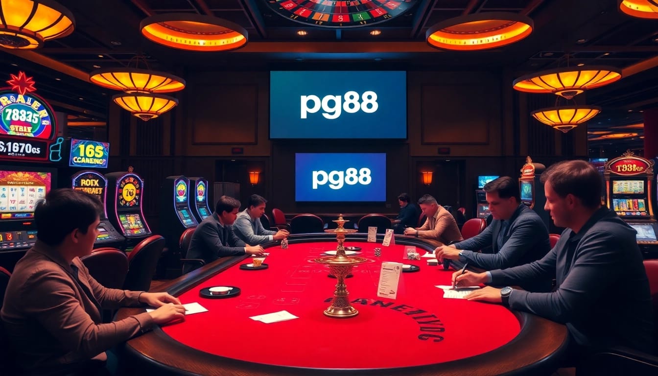Players enjoying a thrilling game session at PG88 casino tables with vibrant ambiance.