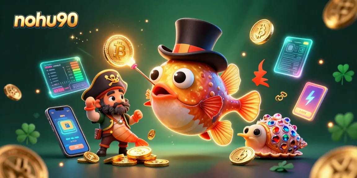 Play and win with nohu90's dynamic casino scene featuring gold coins and underwater characters.