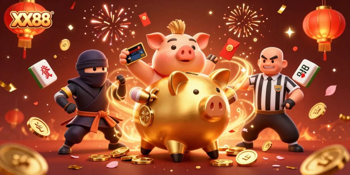 Engage with the thrilling world of XX 88 as a golden piggy bank sumo wrestler dances amidst gold and fireworks.