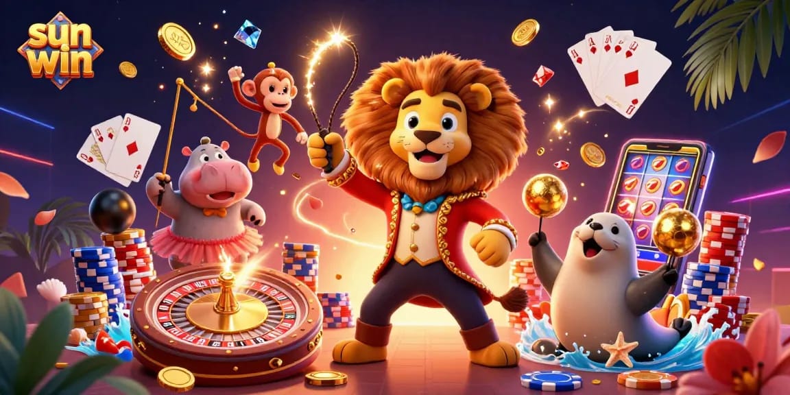 Engage with sun win excitement as characters delight in this vibrant casino scene filled with gold coins and treasures.
