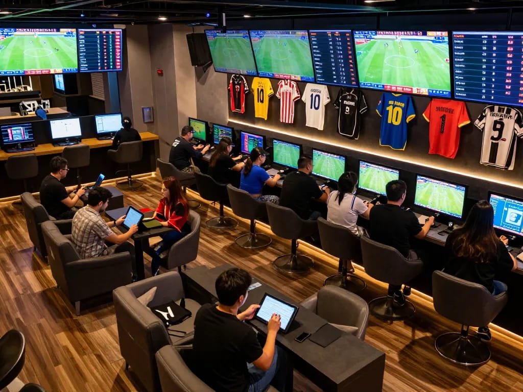 Excited customers at net88.de.com placing sports bets in a modern lounge with multiple screens