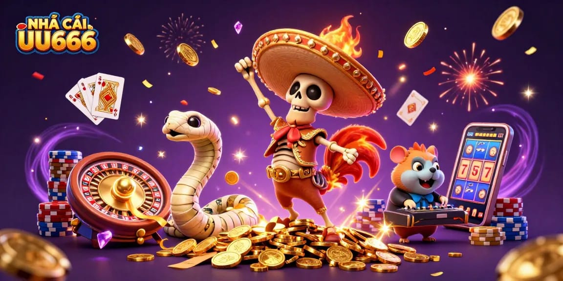 Experience NHÀ CÁI UU666's thrilling victory with dynamic characters celebrating on golden coins.