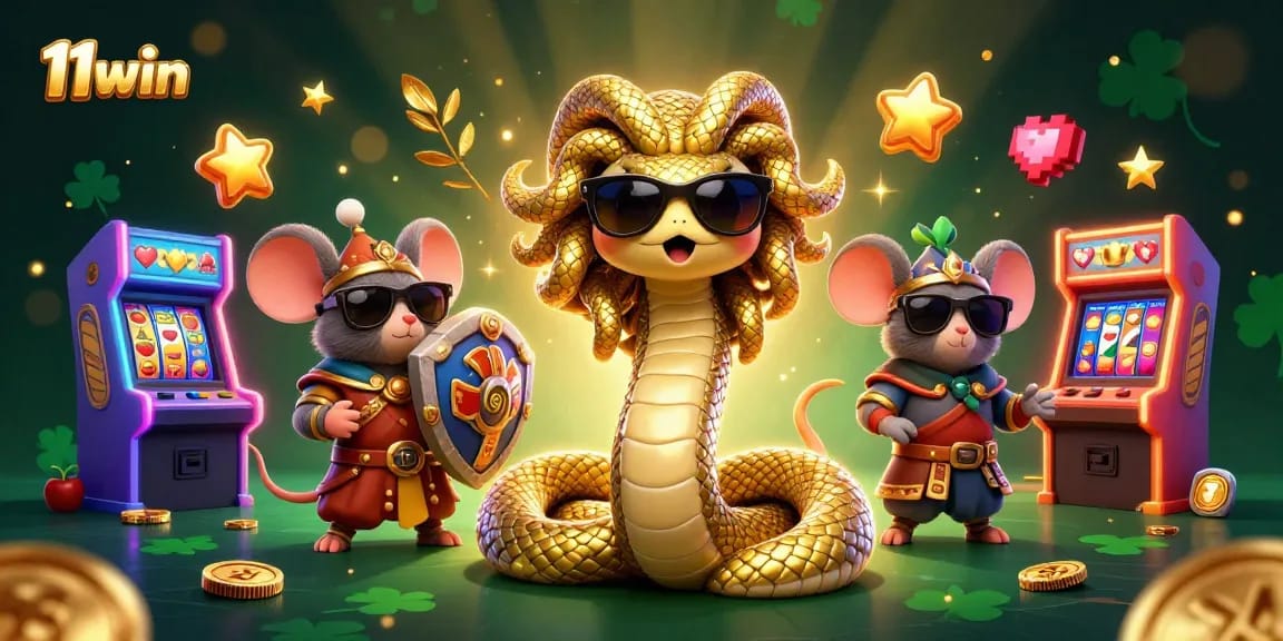 Engage with the vibrant world of 11win, showcasing a Medusa and a warrior mouse playing slots.