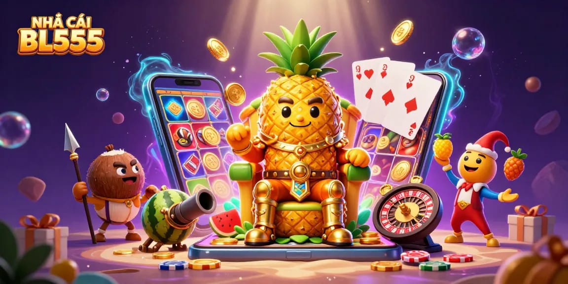 Engage with NHÀ CÁI BL555's vibrant casino scene featuring a golden pineapple king amidst exciting gaming elements.
