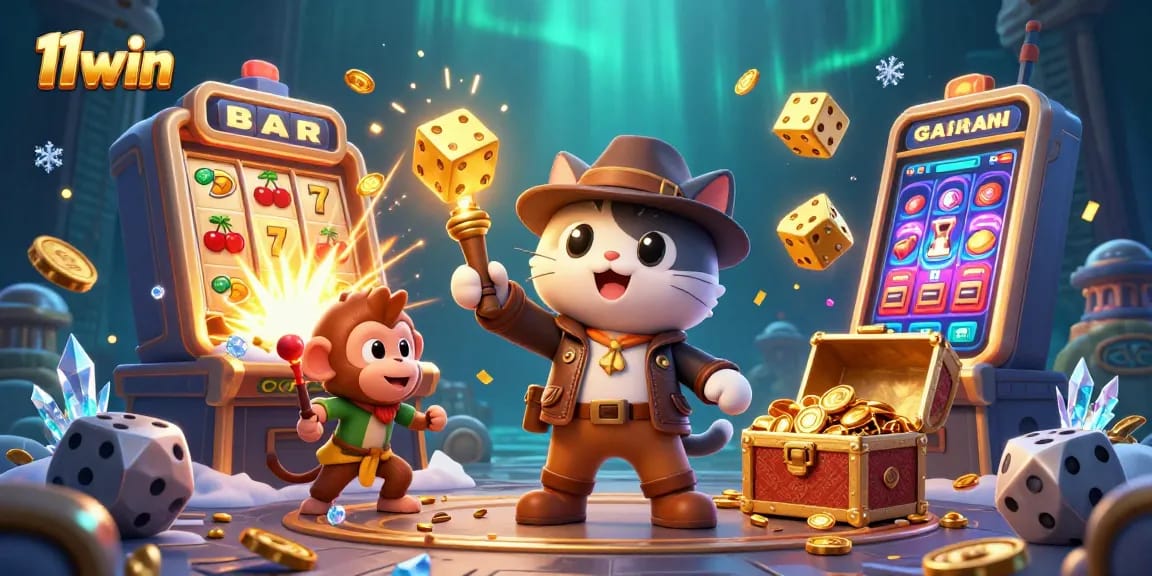 11win features a vibrant illustration capturing a thrilling casino adventure with lively characters and gold artifacts.
