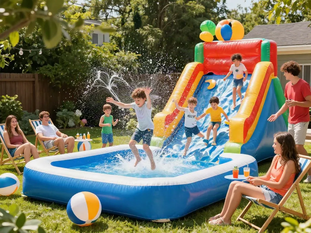 Children enjoying an inflatable water slide, splashing happily in a backyard pool.