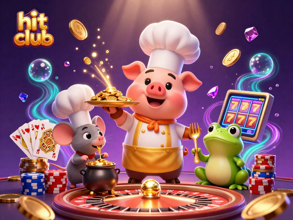 Hit club characters celebrate with gold coins, showcasing casino excitement and vibrant gaming elements.