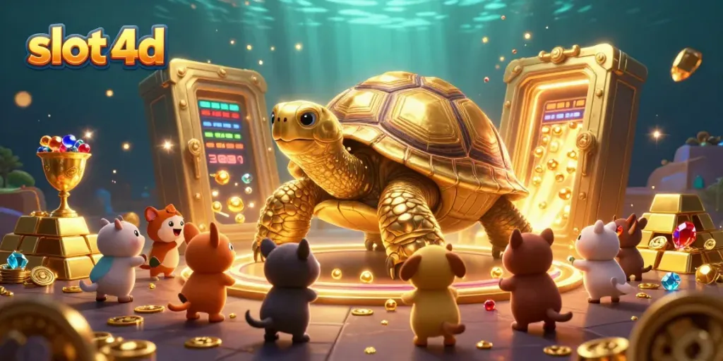 Experience the excitement of slot 4d with a massive golden tortoise pinball machine surrounded by treasure and joyful creatures.
