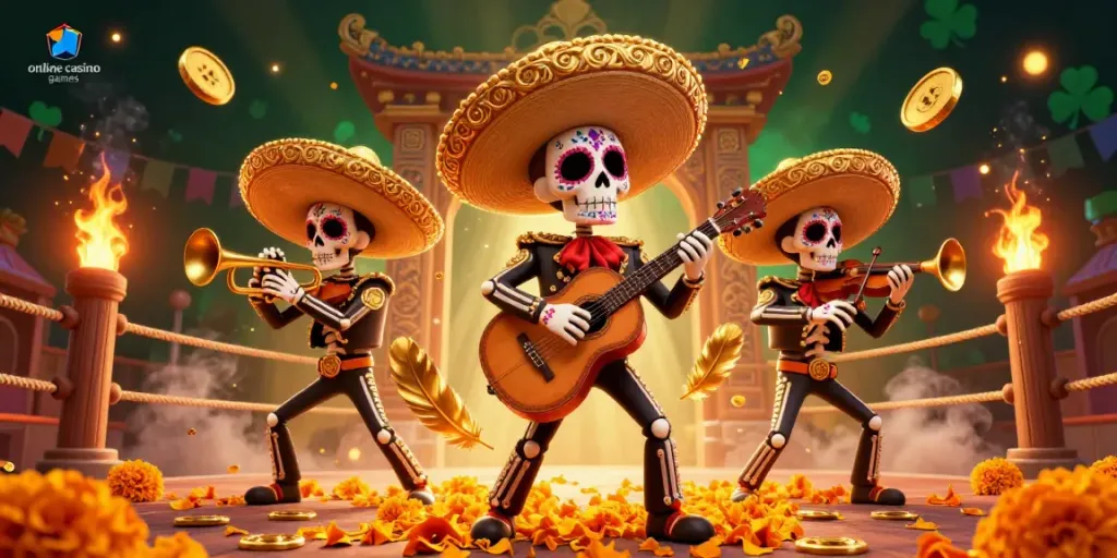 Experience vibrant online casino games with a Day of the Dead mariachi band in a rich 3D illustration.