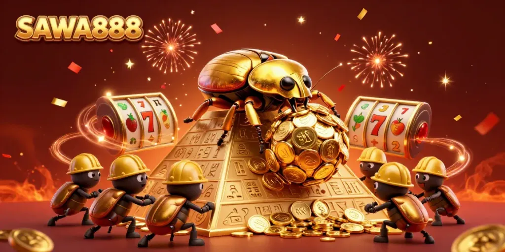 SAWA888 showcases a vibrant 3D scene with gold coins and slot symbols, immersing players in excitement.