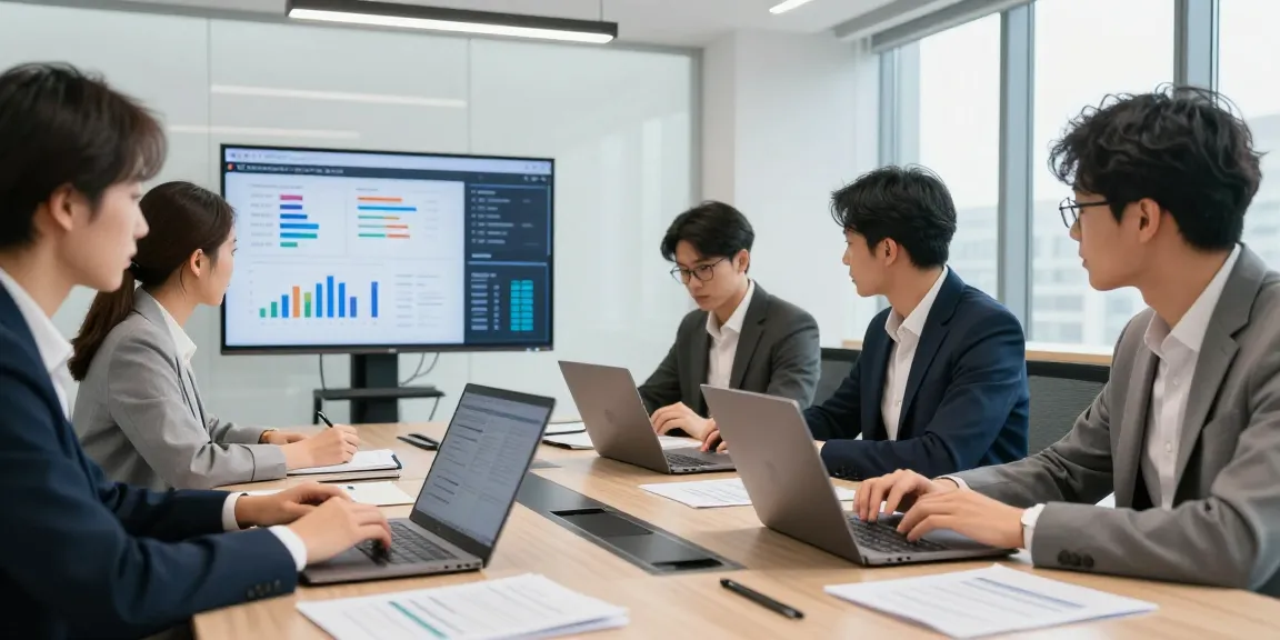 Team engaged in document fraud detection analysis in a modern office setting with laptops and analytics.