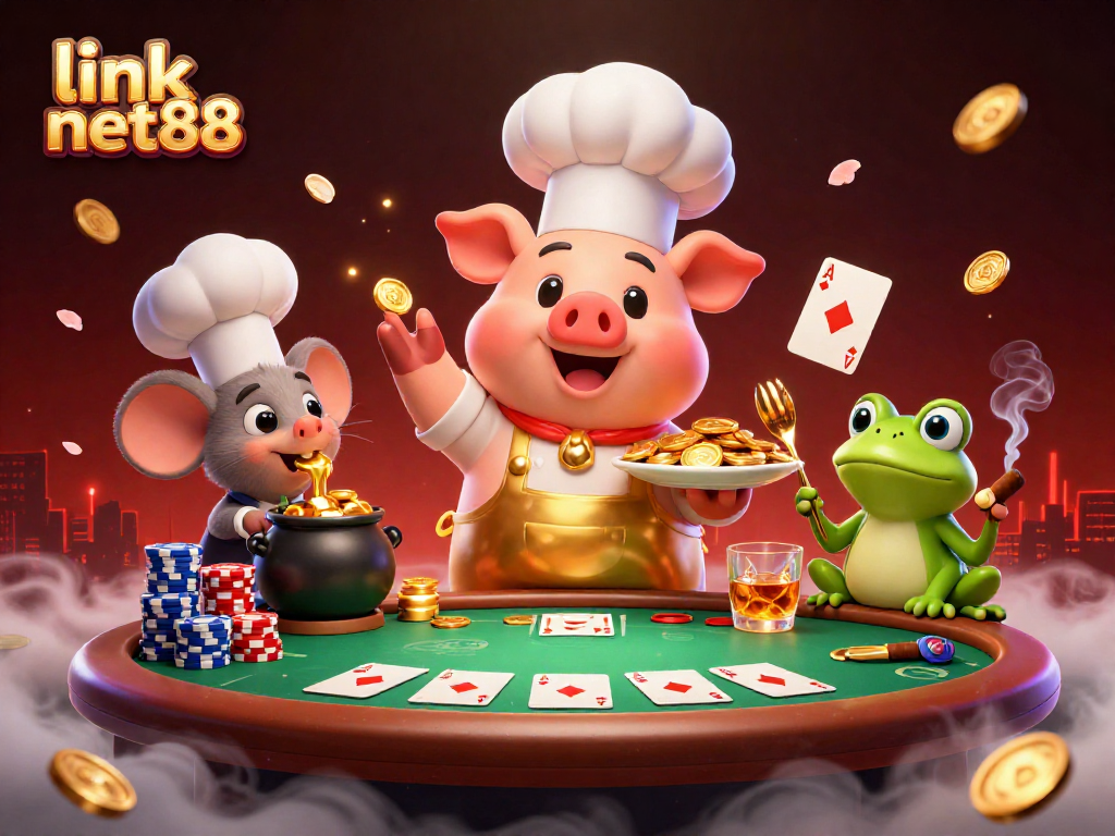 Experience thrilling action at link net88 with 3D cartoon chef pig serving gold coins amidst expansive poker elements.