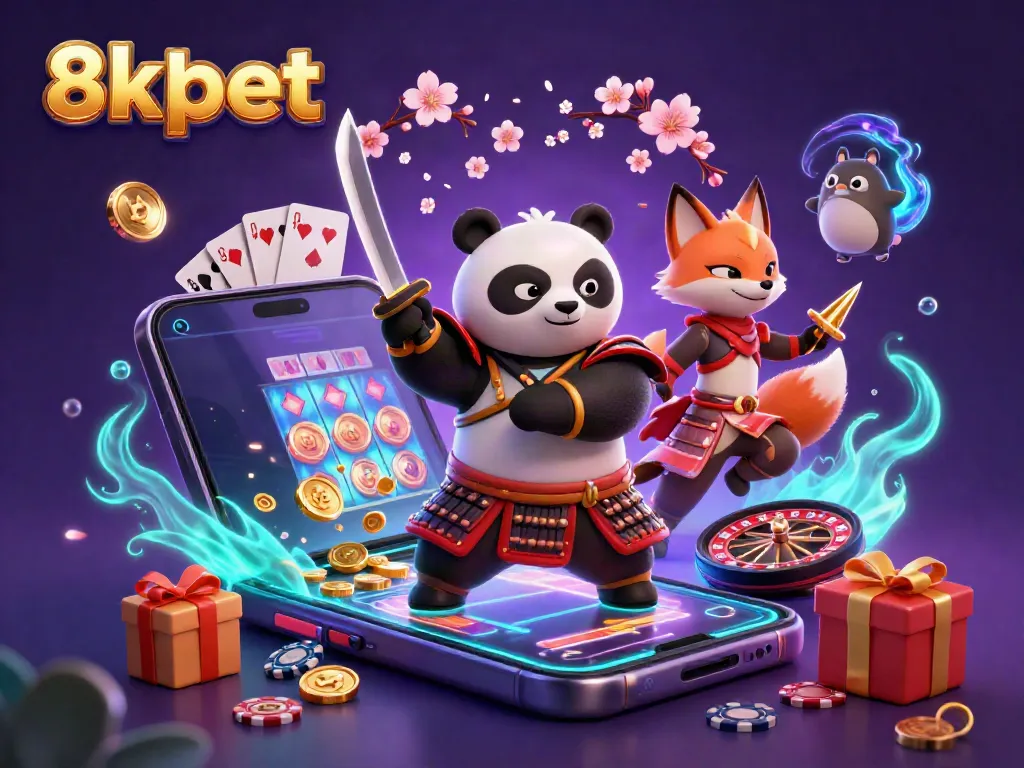 Experience excitement with 8xbet in a dynamic casino scene featuring samurai panda and ninja fox characters.