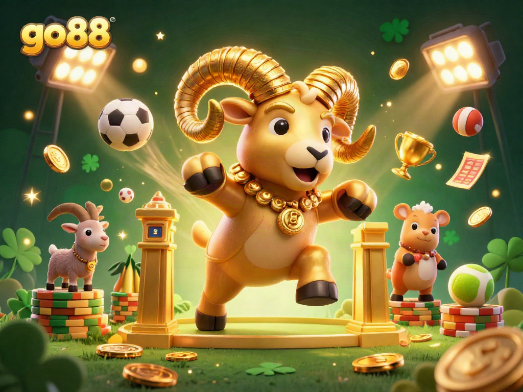 Engage with go88 in a vibrant 3D scene filled with gold and dynamic sports betting elements.