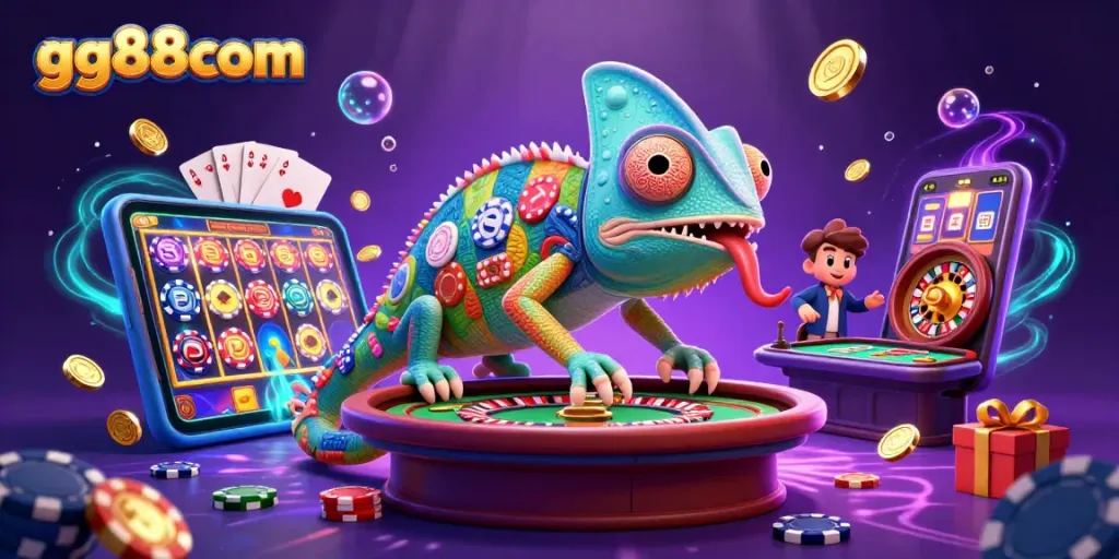 Engage in thrilling gameplay at gg88com with a colorful chameleon casino owner amid dynamic game elements.