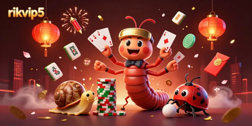 Experience the excitement of rikvip5 with a vibrant 3D scene featuring a unique dealer and high-roller characters surrounded by casino elements.