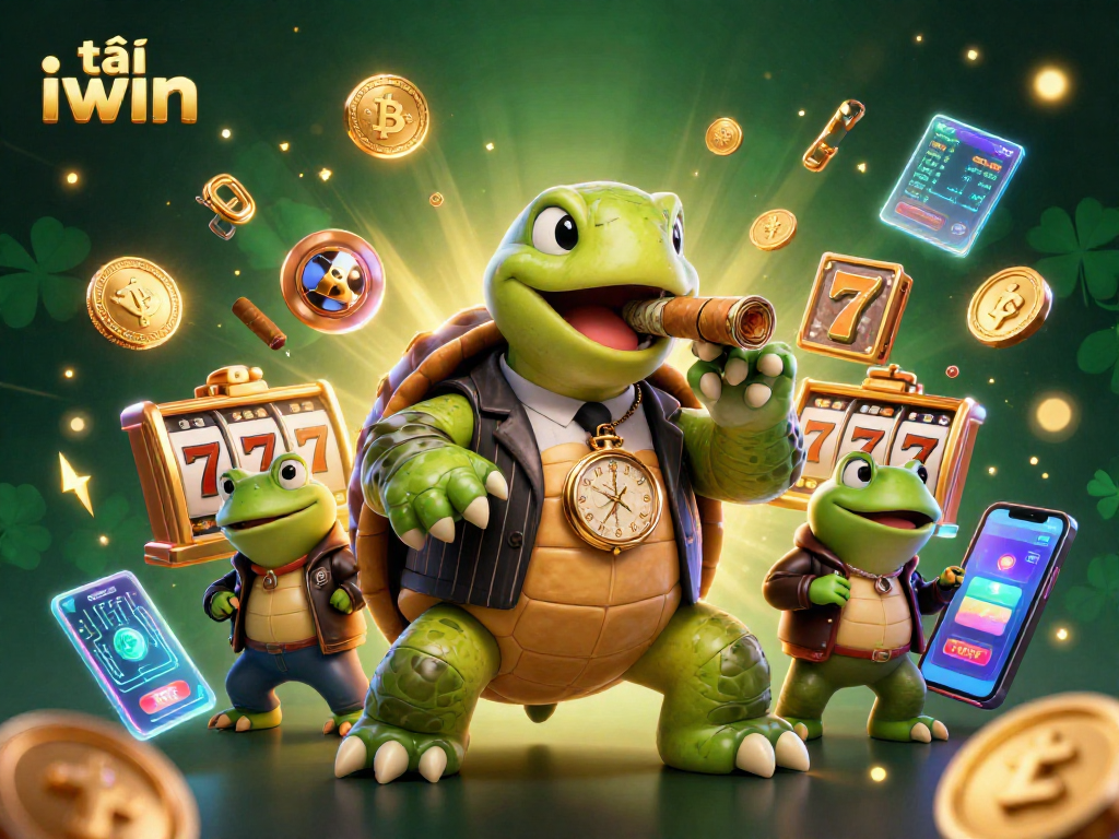 Play exciting casino games with tải iwin, featuring a wealthy turtle, bullfrog enforcers, and vibrant neon crypto coins.