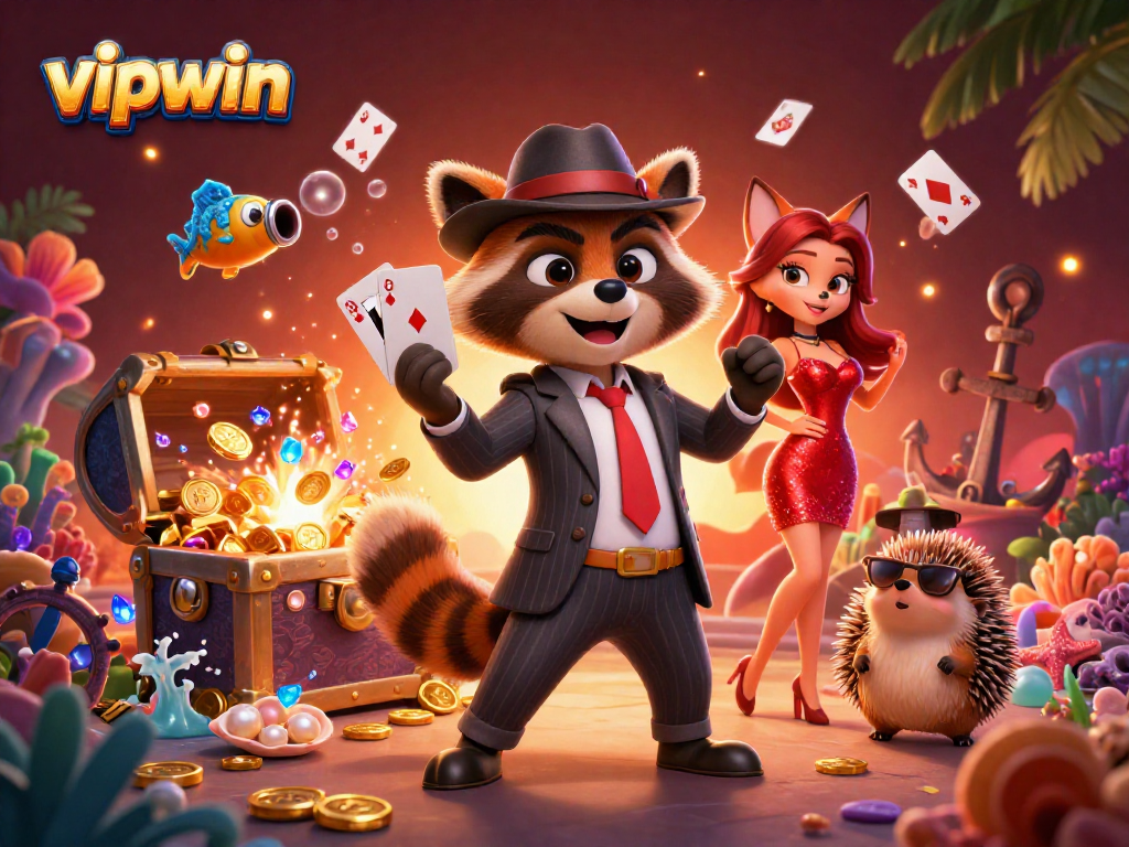 Experience the excitement of vipwin with a raccoon holding a winning hand in a vibrant casino scene.