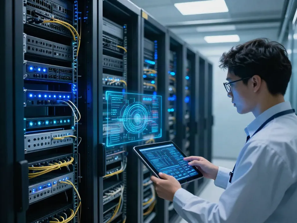 Network vulnerability assessment & penetration test in a modern data center with illuminated servers and cybersecurity monitoring.