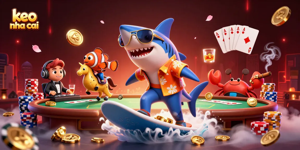 Engage in thrilling gameplay with keo nha cai, featuring a shark surfer amidst vibrant casino elements.