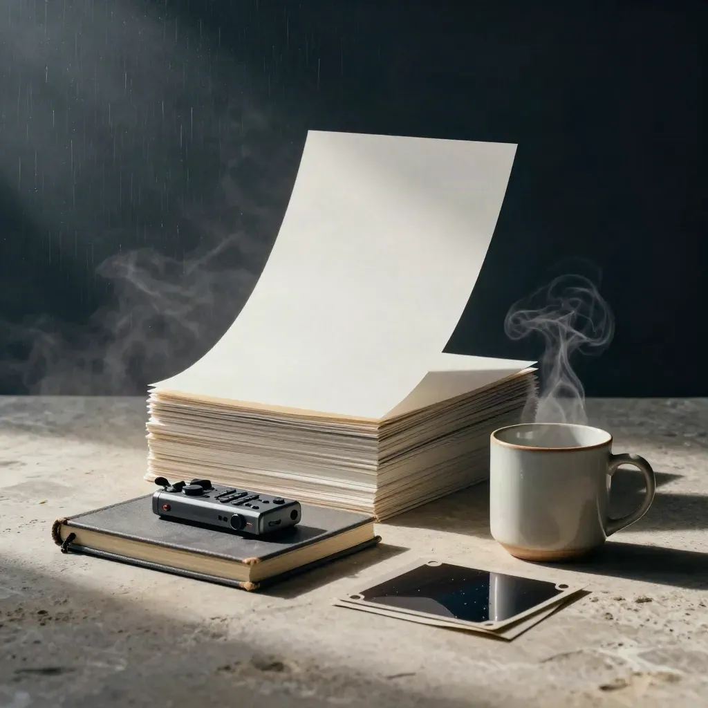 Rainy editorial tableau with proof sheets, notebook, recorder, mug, and acetate on pale stone.