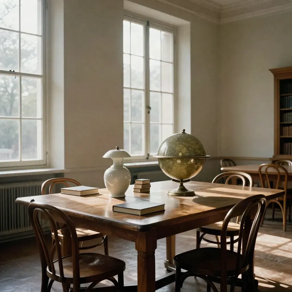 Empty library room with books, lamp, globe, and streaks of late light