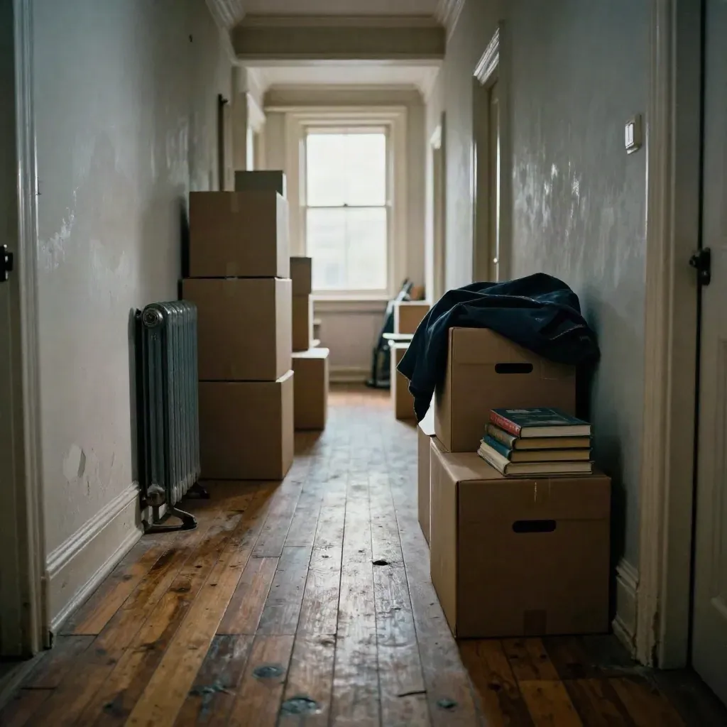 Narrow hallway with moving boxes, bowed book box, radiator, and dusty window light